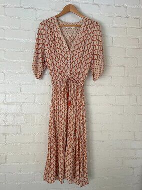 Beachgold Small Long Dress Rayon Batik Screen Print Adjustable Waist